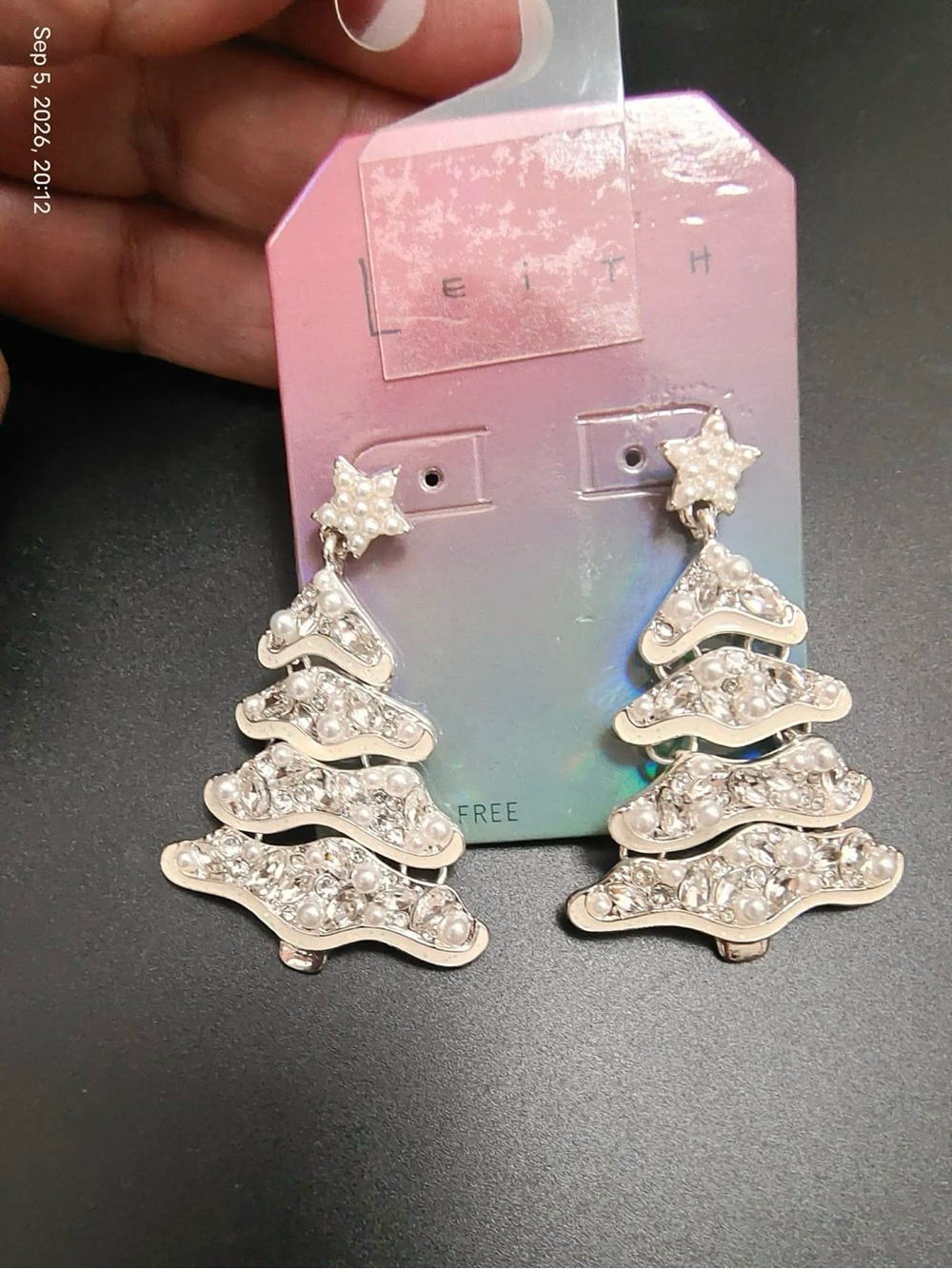 NWOT Leith Silver Toned and Faux Pearls Christmas Tree Earrings